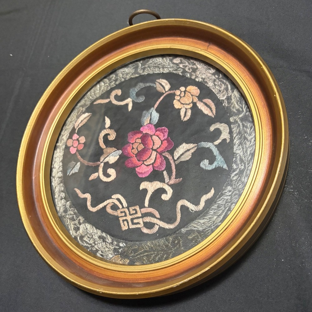 Vintage Round Asian Silk Embroidery Floral Rose Art Gold Wood Frame 9 Inch